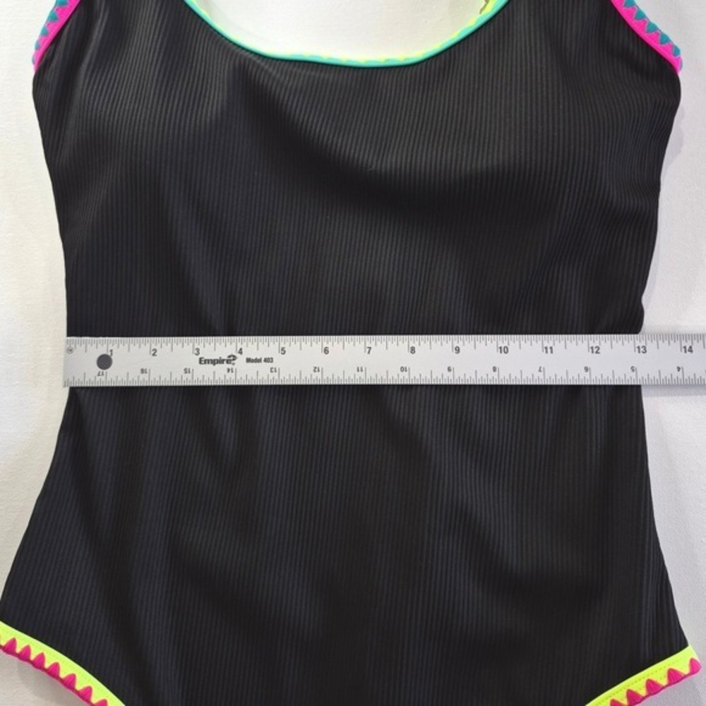 Popvil Womens One Piece Swimsuit Black Ribbed Neon Ric Rac Trim Size Large - Picture 3 of 7